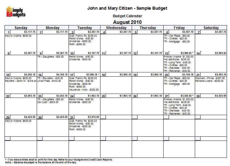 Simply Budgets Budgeting Calendar