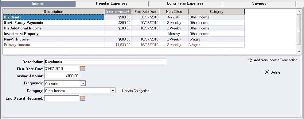 Simply Budgets Income Centre View Simply Budgets Income Centre View